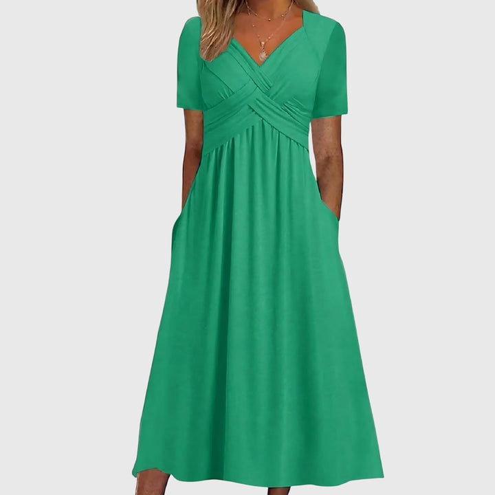 Women's V-Neck Crossover Ruched Tummy Control Midi Dress
