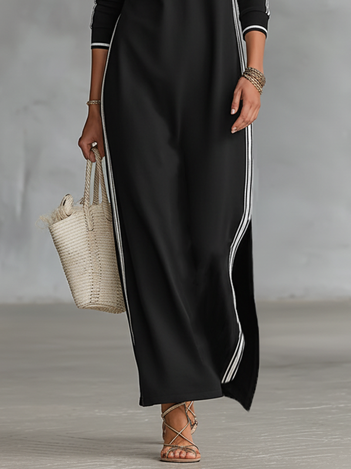 Women's Minimalist White-trimmed Button-down Collar Sweatshirt Dress Maxi Dress