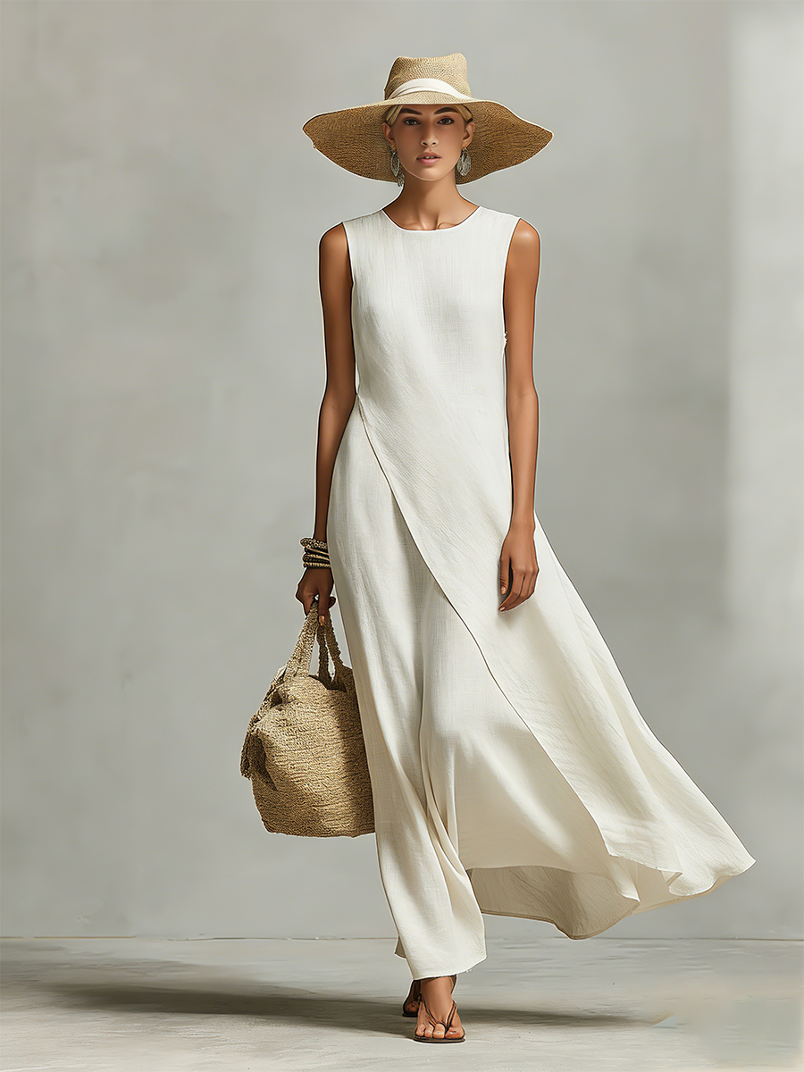 Women's Sleeveless Linen Summer Maxi Dress Asymmetric Draped Hem