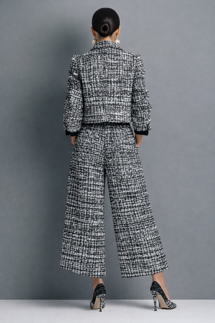 Women's Tweed Cropped Jacket and Wide-Leg Trousers Suit Set