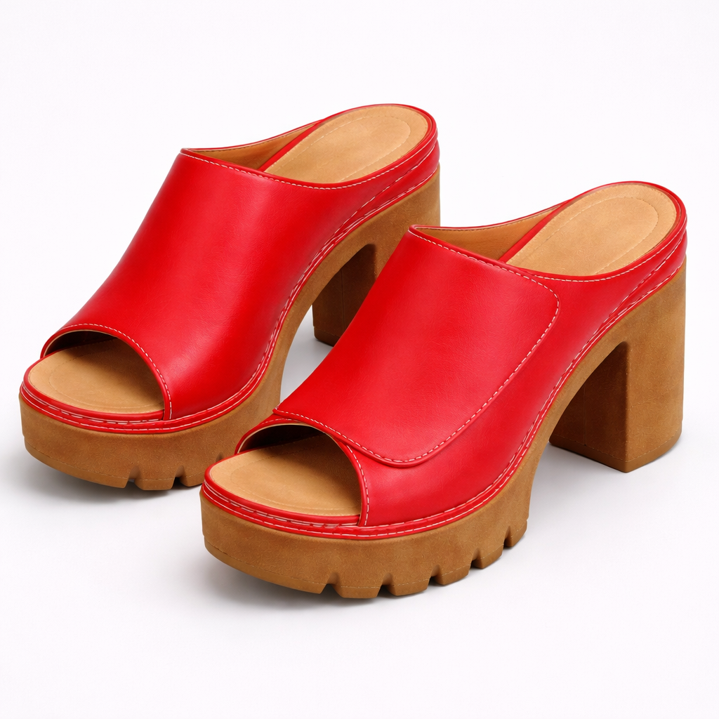 Women's Leather Platform Block Heel Open Toe Mules