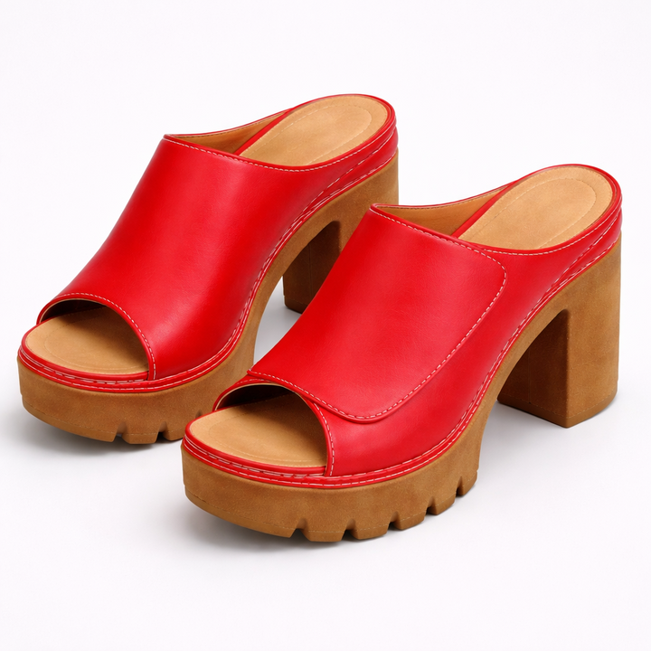 Women's Leather Platform Block Heel Open Toe Mules