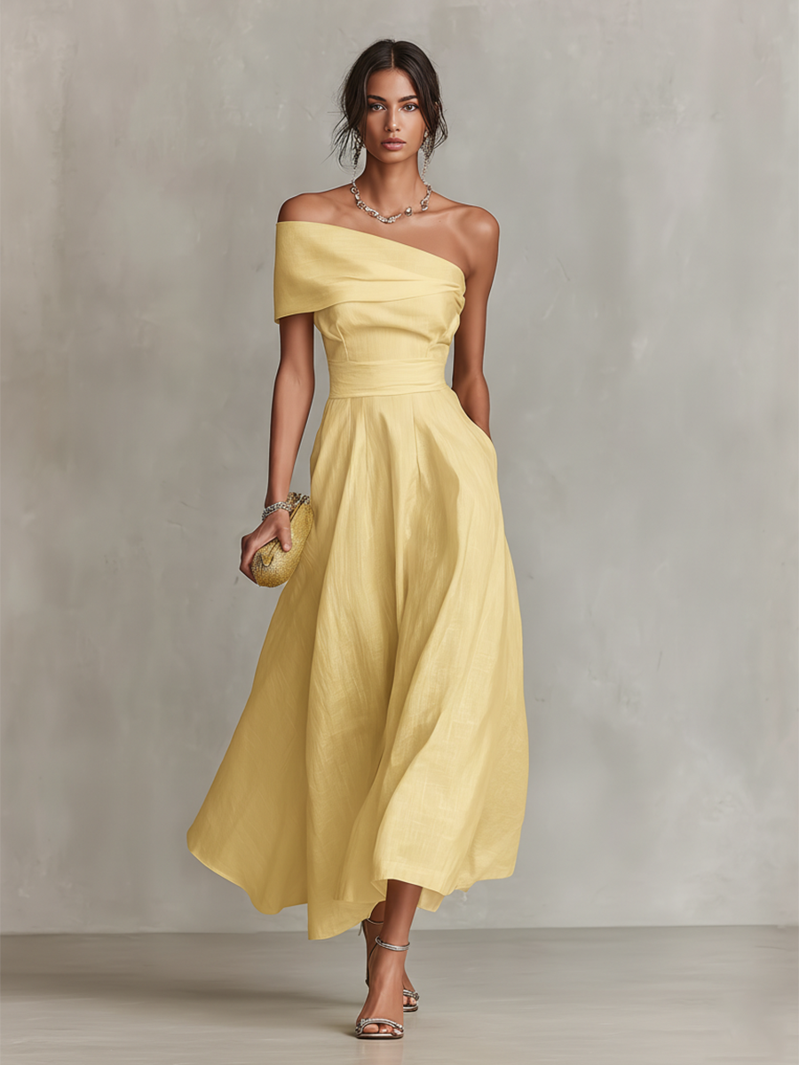 Women's Yellow One Shoulder Linen Midi Dress Wedding Guest