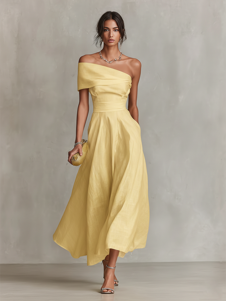 Women's Yellow One Shoulder Linen Midi Dress Wedding Guest