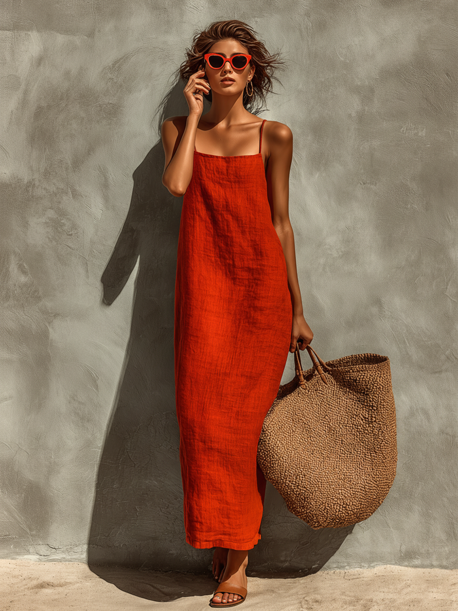 Women's Cotton Spaghetti Strap Square Neck Maxi Dress