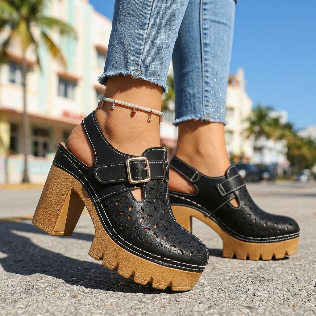Women's Platform Cutout Block Heel Clogs