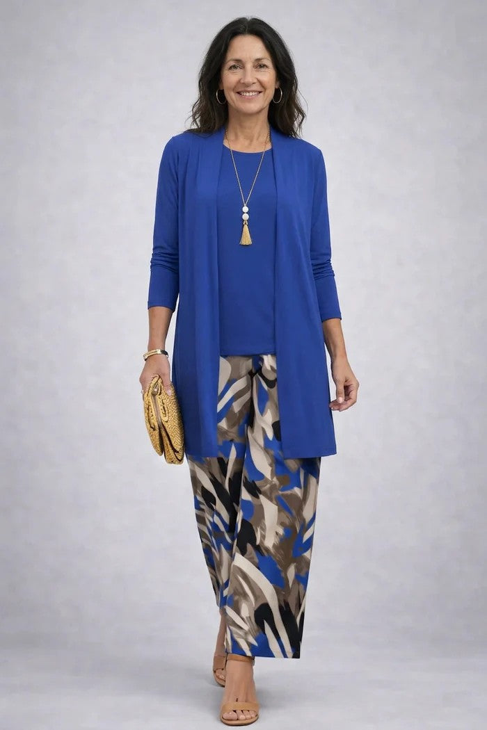 Women's Three-Piece Leaf Print Cardigan Top and Wide-Leg Trousers Set