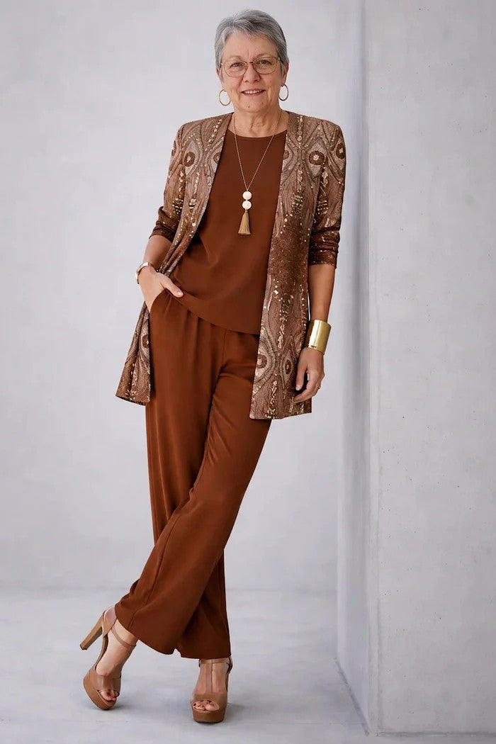 Women's Three-Piece Leaf Print Cardigan Top and Wide-Leg Trousers Set