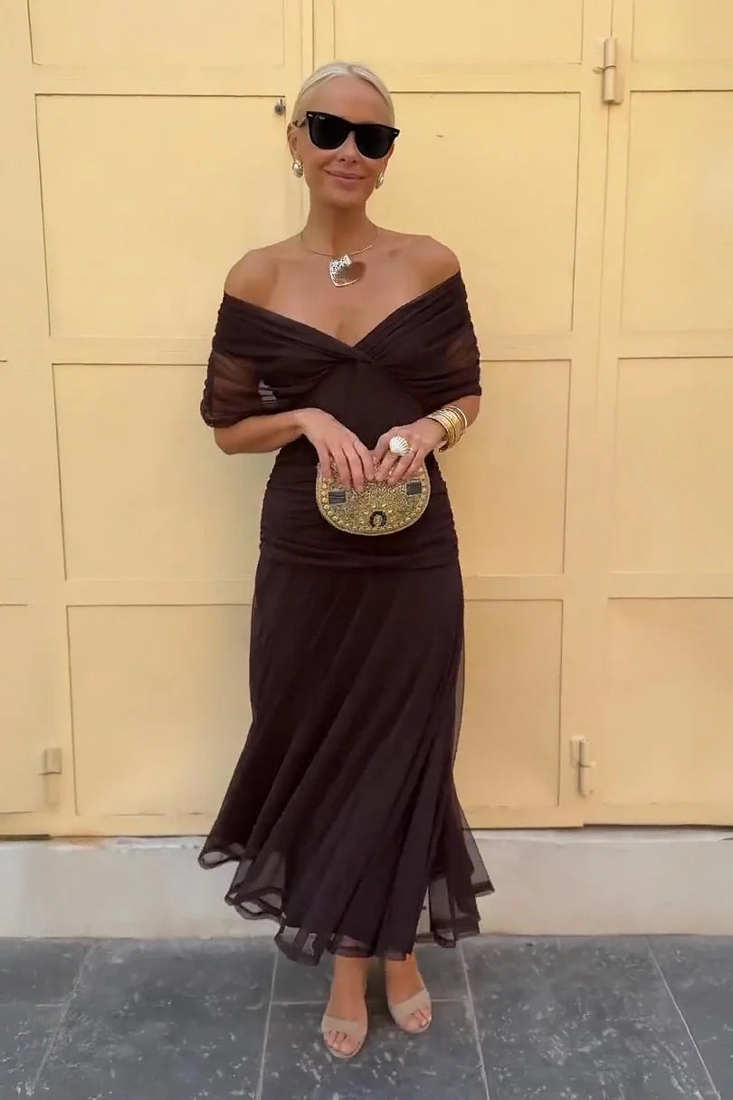 Women's V-Neck Ruched Waist Sheer Sleeve Chiffon Maxi Dress