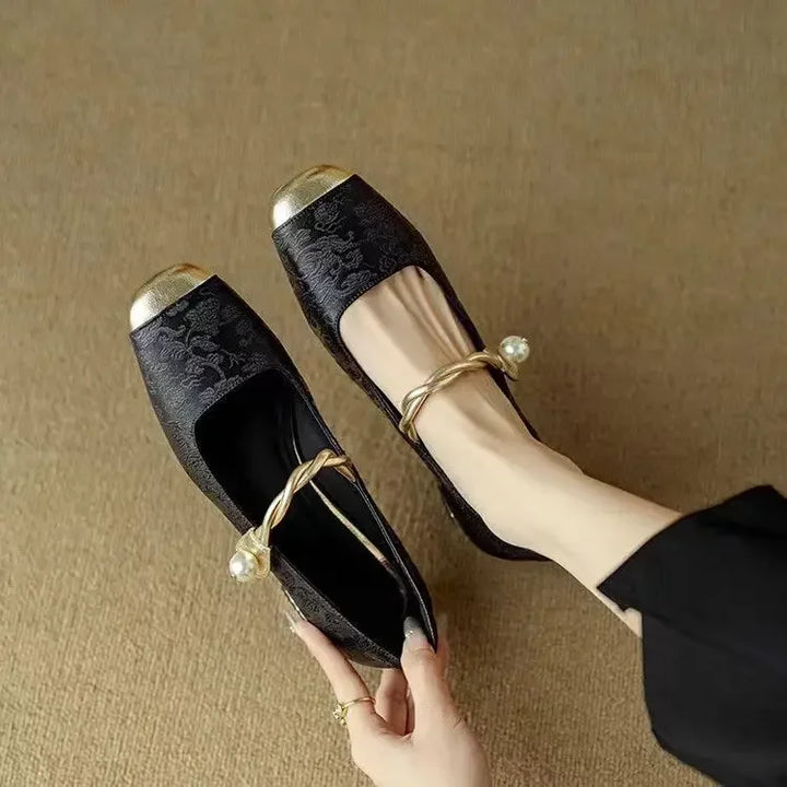 Women's Braided Pearl Strap Metallic Toe Mary Jane Shoes