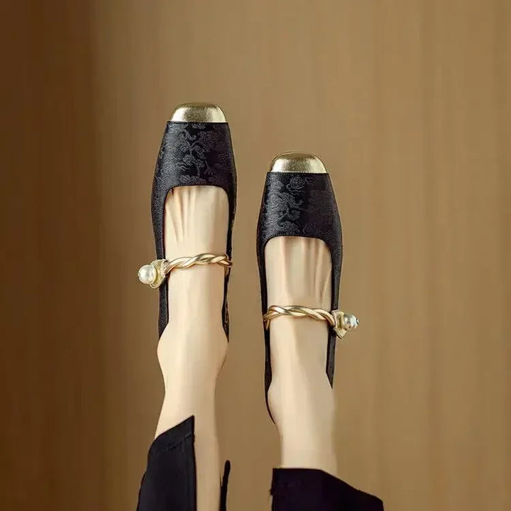Women's Braided Pearl Strap Metallic Toe Mary Jane Shoes