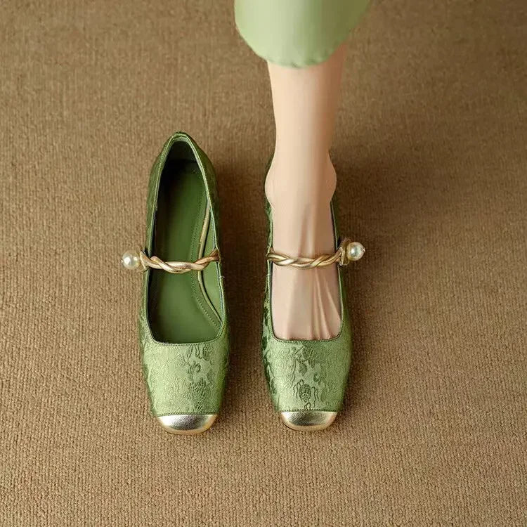 Women's Braided Pearl Strap Metallic Toe Mary Jane Shoes