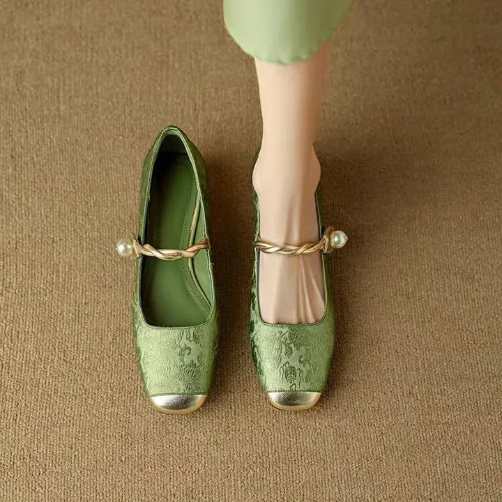 Women's Braided Pearl Strap Metallic Toe Mary Jane Shoes