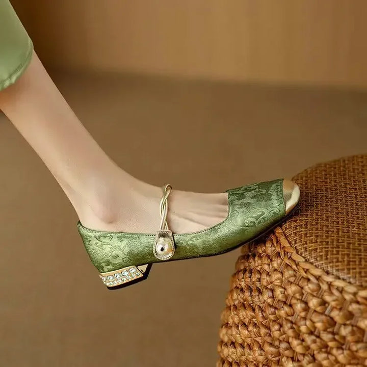 Women's Braided Pearl Strap Metallic Toe Mary Jane Shoes