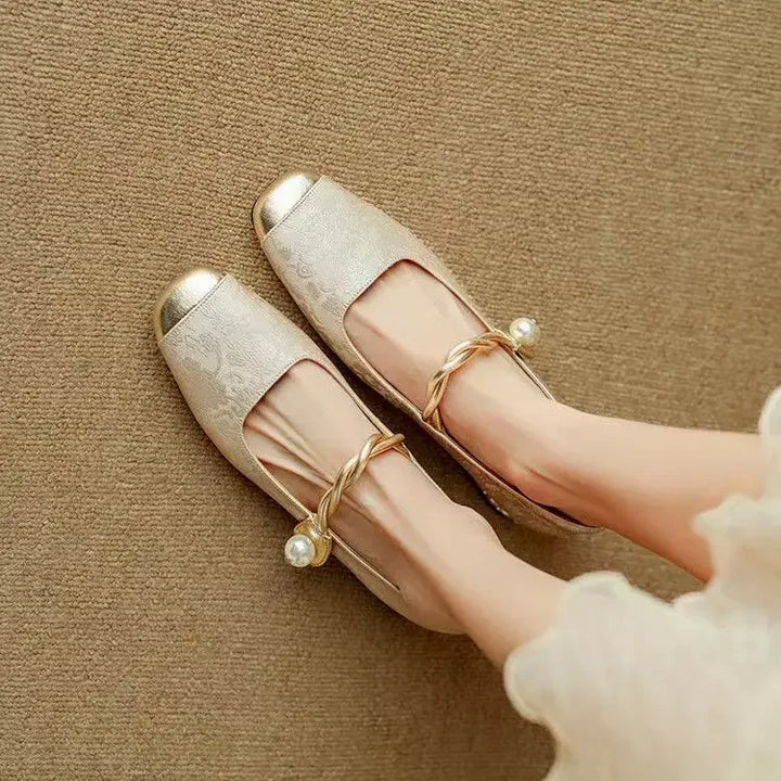 Women's Braided Pearl Strap Metallic Toe Mary Jane Shoes