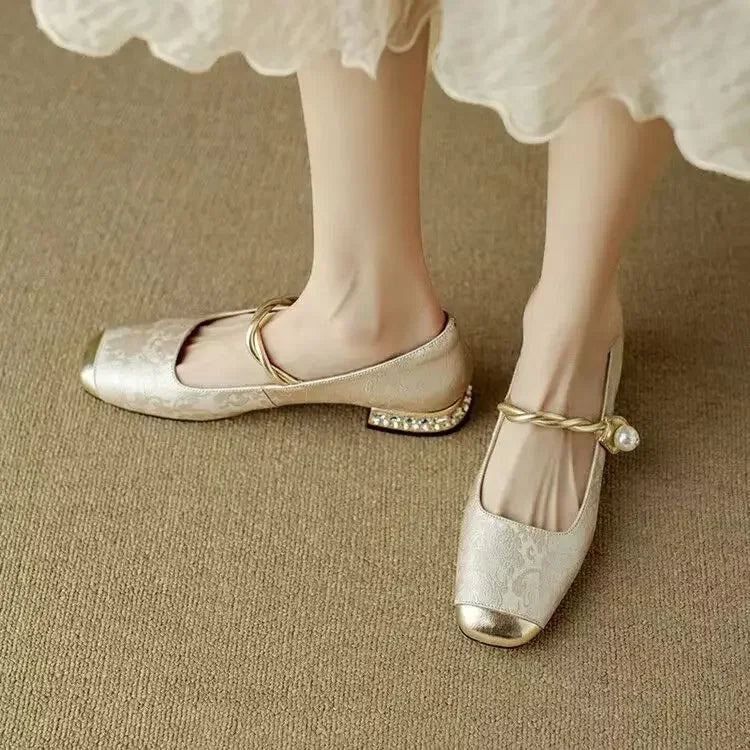 Women's Braided Pearl Strap Metallic Toe Mary Jane Shoes