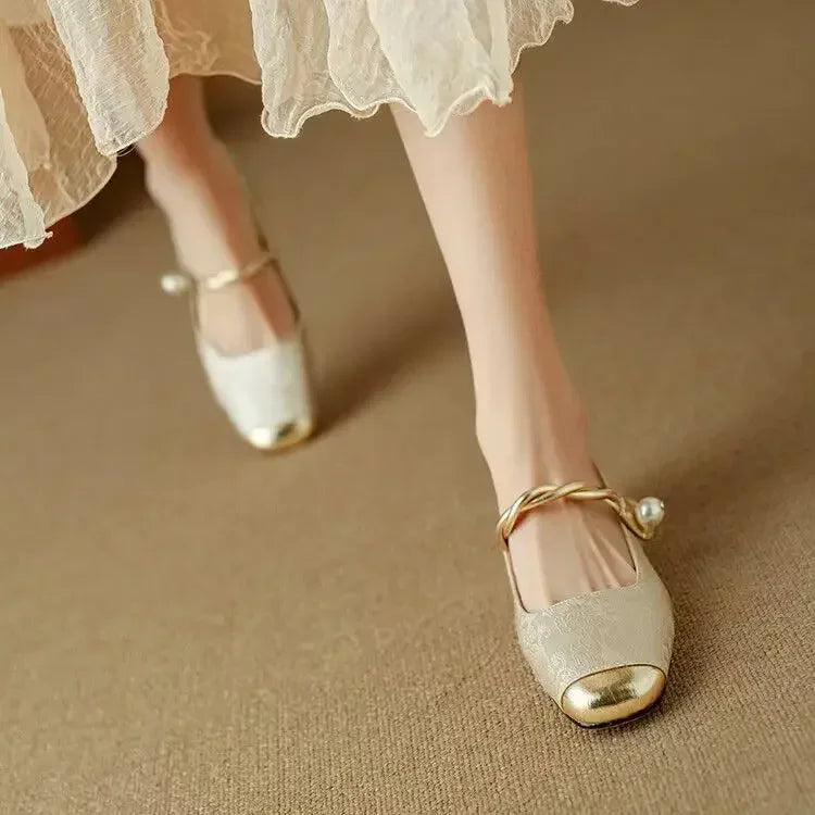 Women's Braided Pearl Strap Metallic Toe Mary Jane Shoes