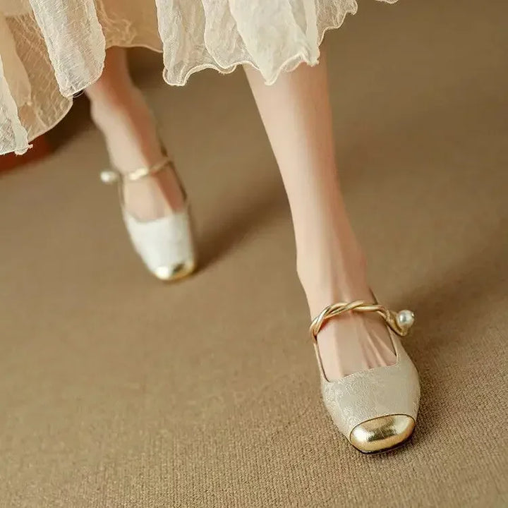 Women's Braided Pearl Strap Metallic Toe Mary Jane Shoes