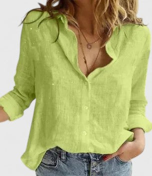 Women's Linen Button Down Shirt Wavy Lapel Collar Long Sleeve