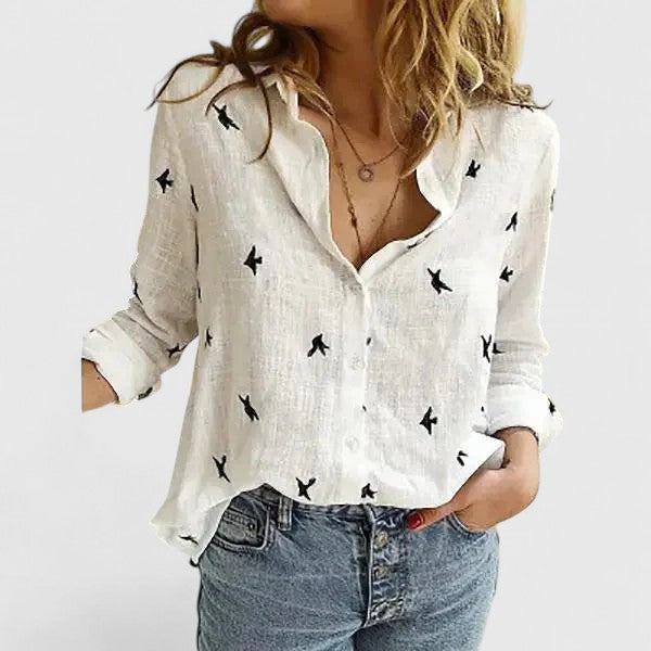 Women's Linen Button Down Shirt Wavy Lapel Collar Long Sleeve
