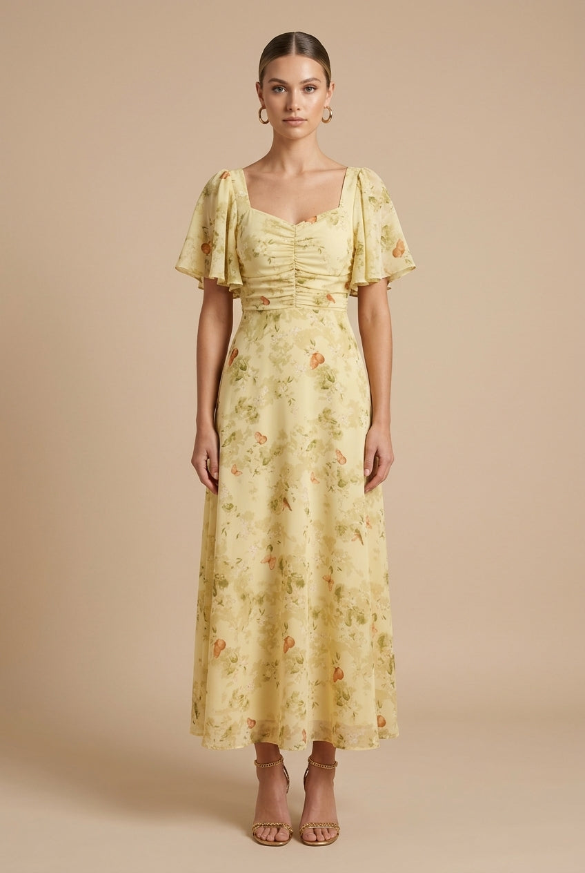 Women's Floral Print Square Neck Flutter Sleeve Ruched Maxi Dress