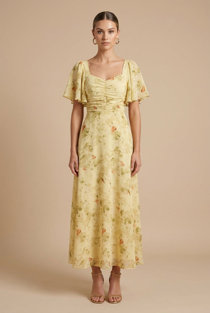 Women's Floral Print Square Neck Flutter Sleeve Ruched Maxi Dress