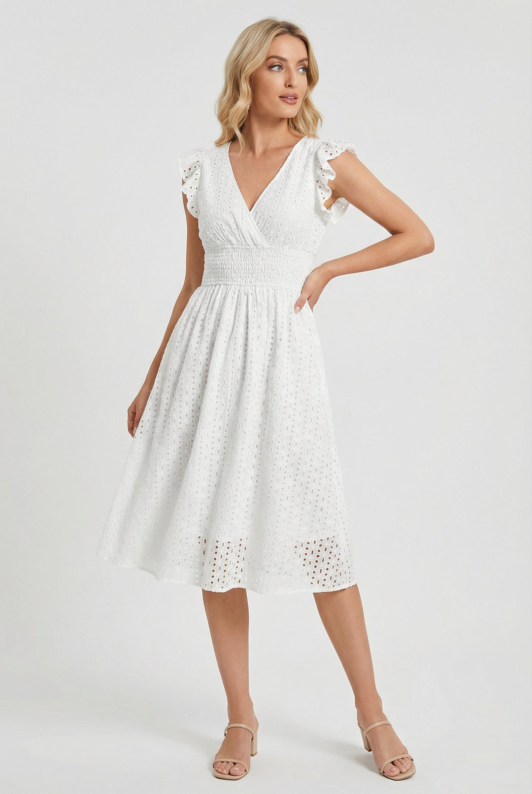 Women's Broderie Anglaise Smocked Waist Ruffle Cap Sleeve Midi Dress