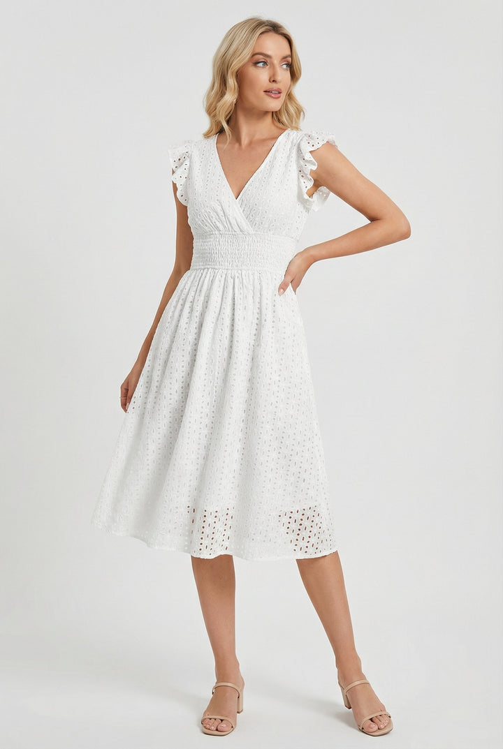 Women's Broderie Anglaise Smocked Waist Ruffle Cap Sleeve Midi Dress