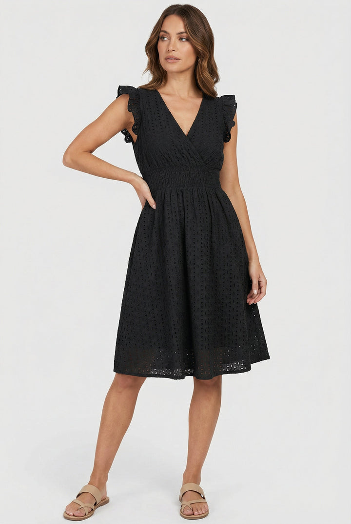 Women's Broderie Anglaise Smocked Waist Ruffle Cap Sleeve Midi Dress