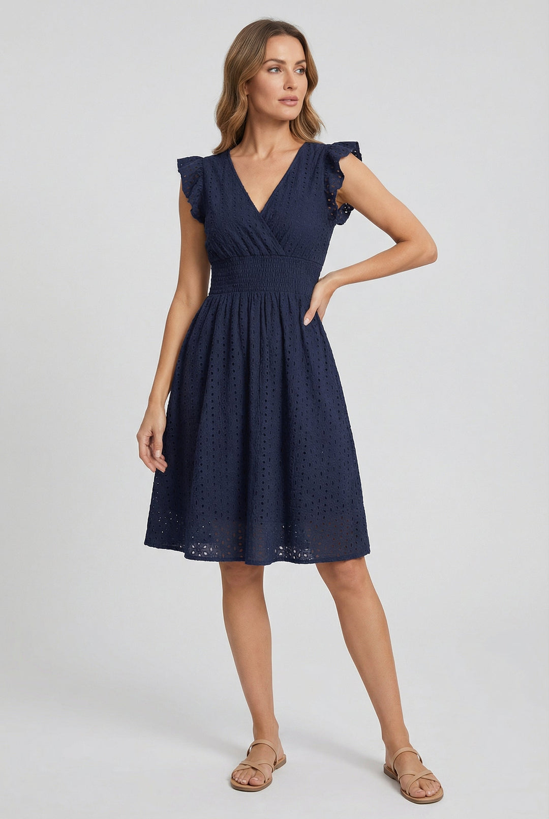 Women's Broderie Anglaise Smocked Waist Ruffle Cap Sleeve Midi Dress