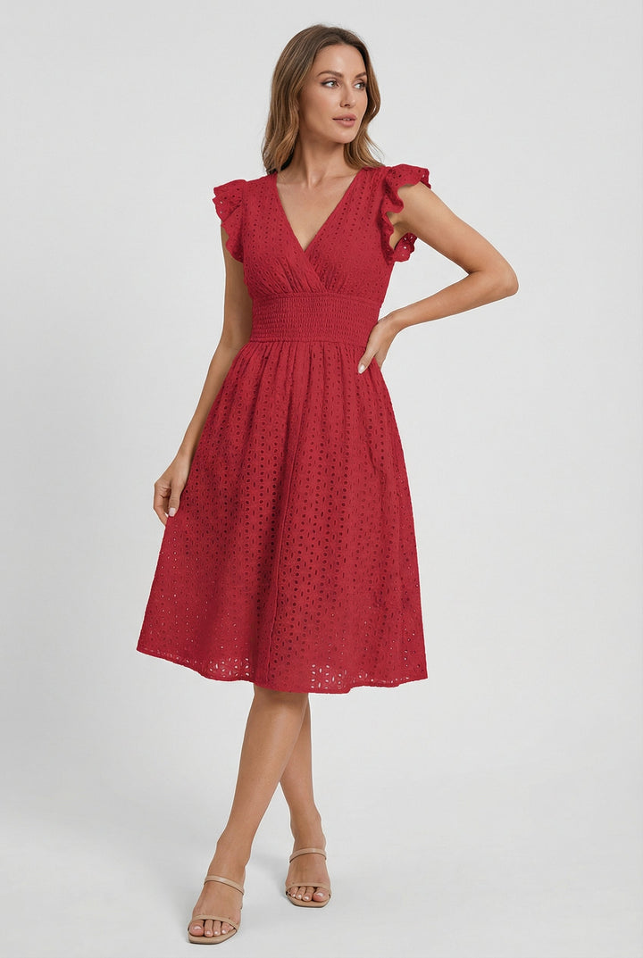 Women's Broderie Anglaise Smocked Waist Ruffle Cap Sleeve Midi Dress