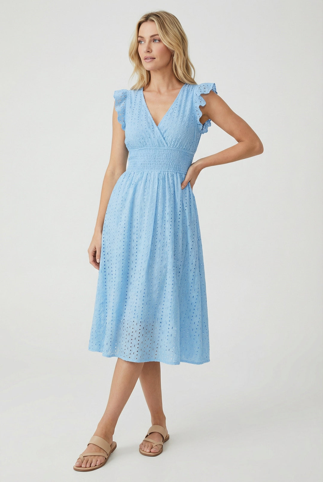 Women's Broderie Anglaise Smocked Waist Ruffle Cap Sleeve Midi Dress