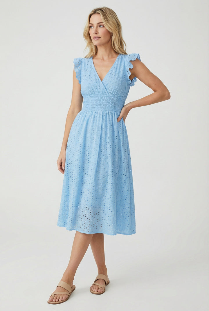 Women's Broderie Anglaise Smocked Waist Ruffle Cap Sleeve Midi Dress