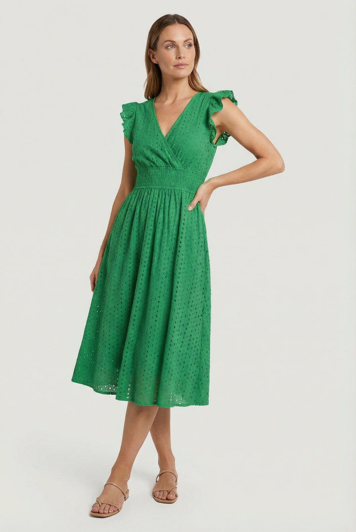Women's Broderie Anglaise Smocked Waist Ruffle Cap Sleeve Midi Dress