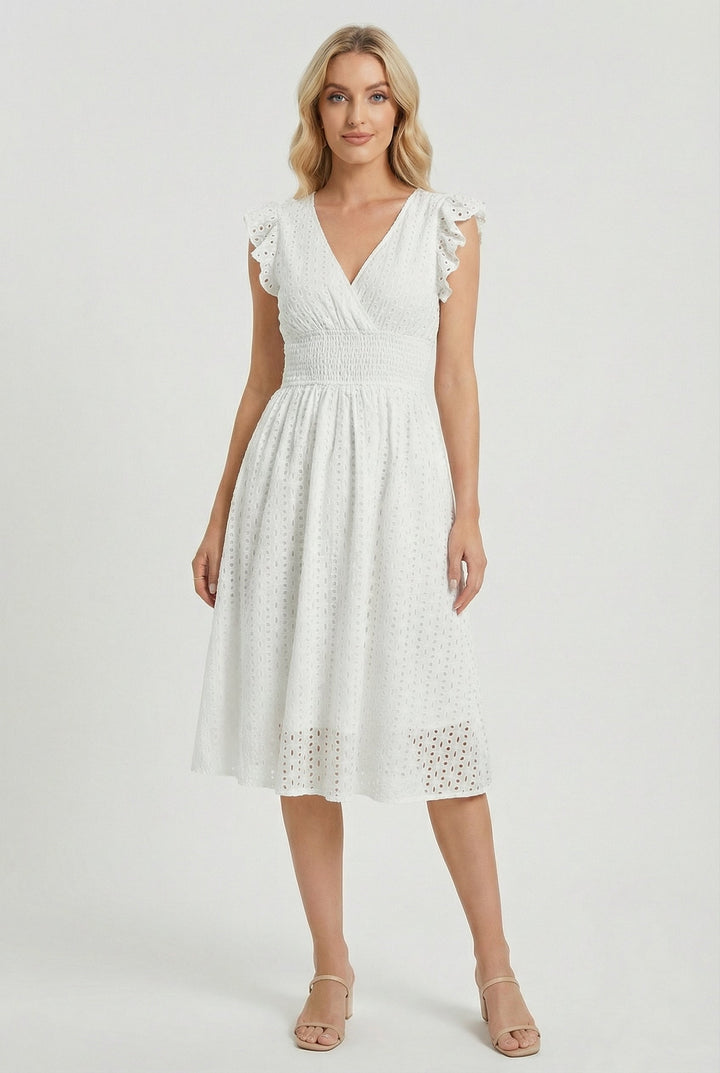 Women's Broderie Anglaise Smocked Waist Ruffle Cap Sleeve Midi Dress