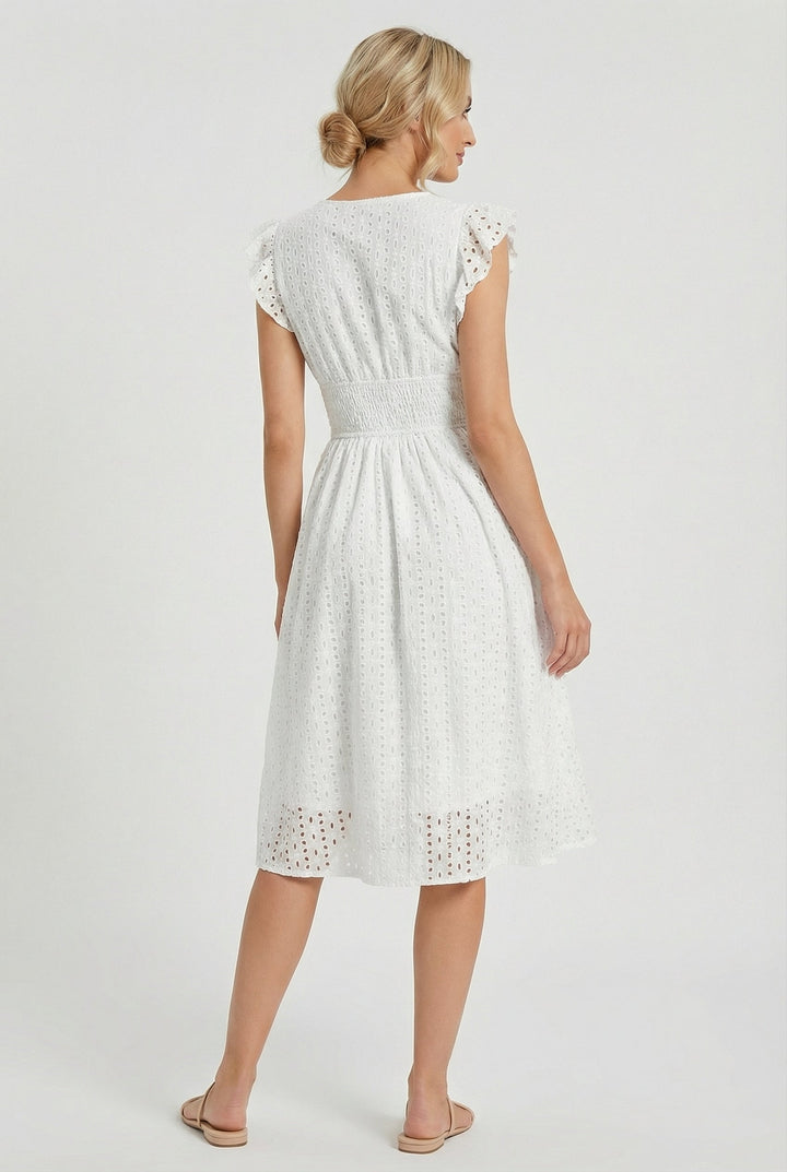 Women's Broderie Anglaise Smocked Waist Ruffle Cap Sleeve Midi Dress