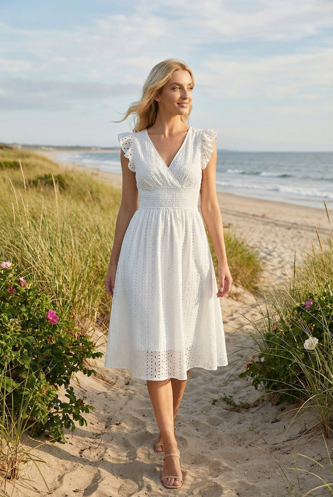 Women's Broderie Anglaise Smocked Waist Ruffle Cap Sleeve Midi Dress