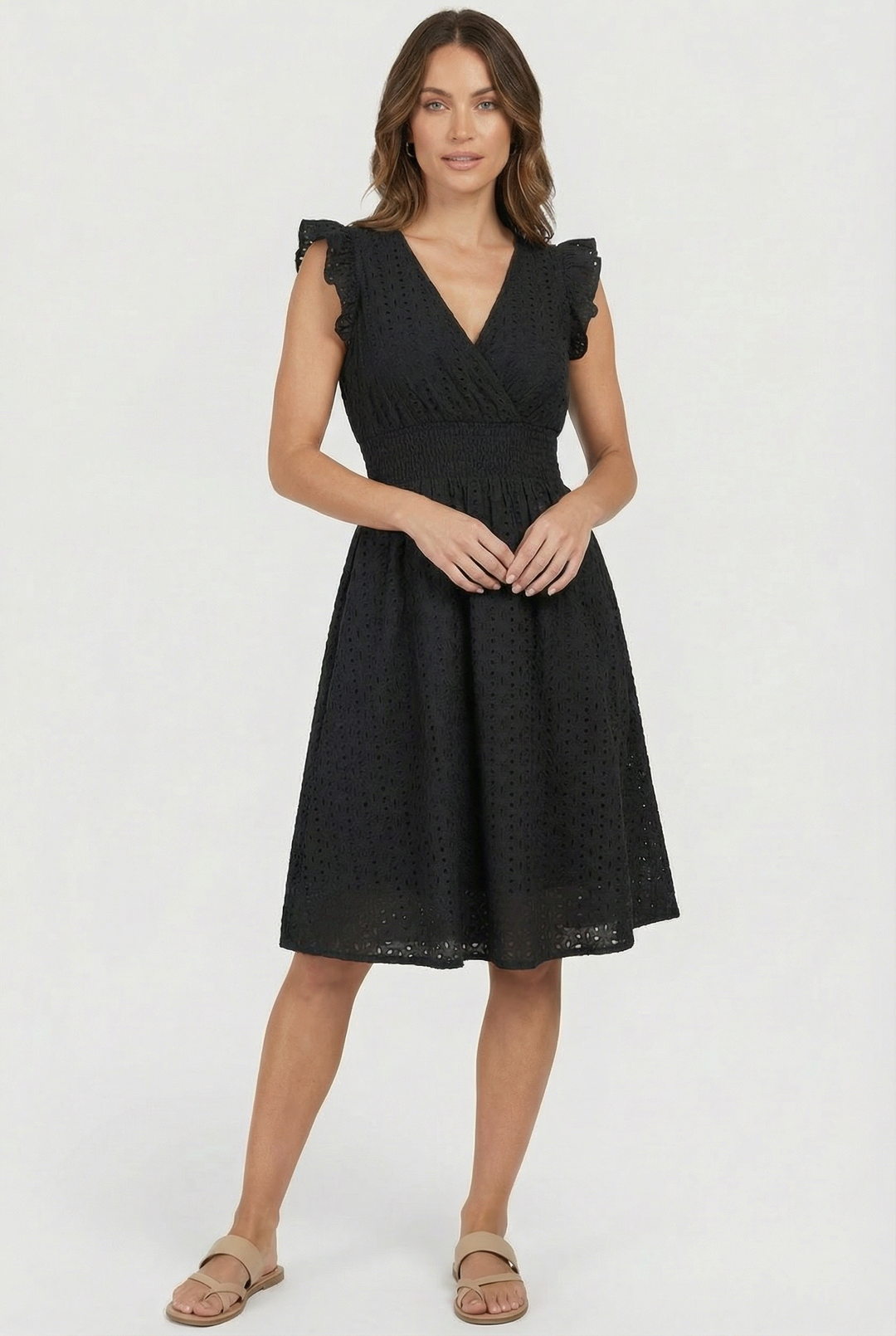 Women's Broderie Anglaise Smocked Waist Ruffle Cap Sleeve Midi Dress