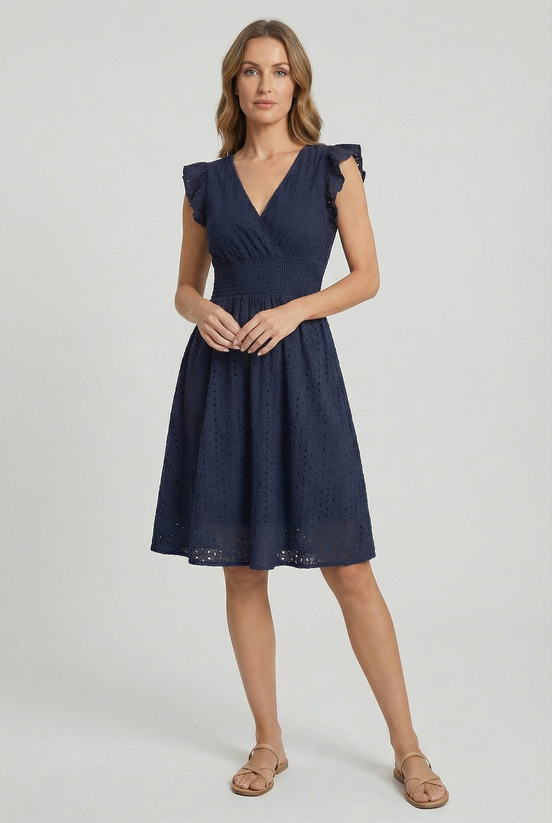 Women's Broderie Anglaise Smocked Waist Ruffle Cap Sleeve Midi Dress
