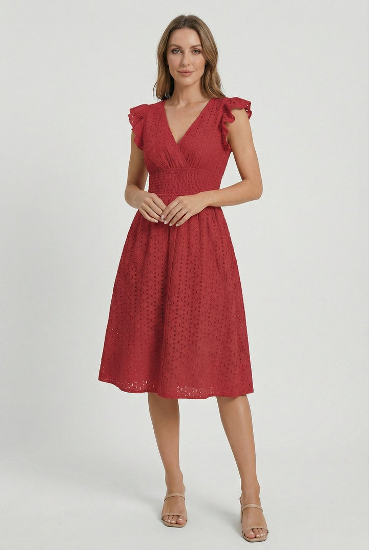 Women's Broderie Anglaise Smocked Waist Ruffle Cap Sleeve Midi Dress