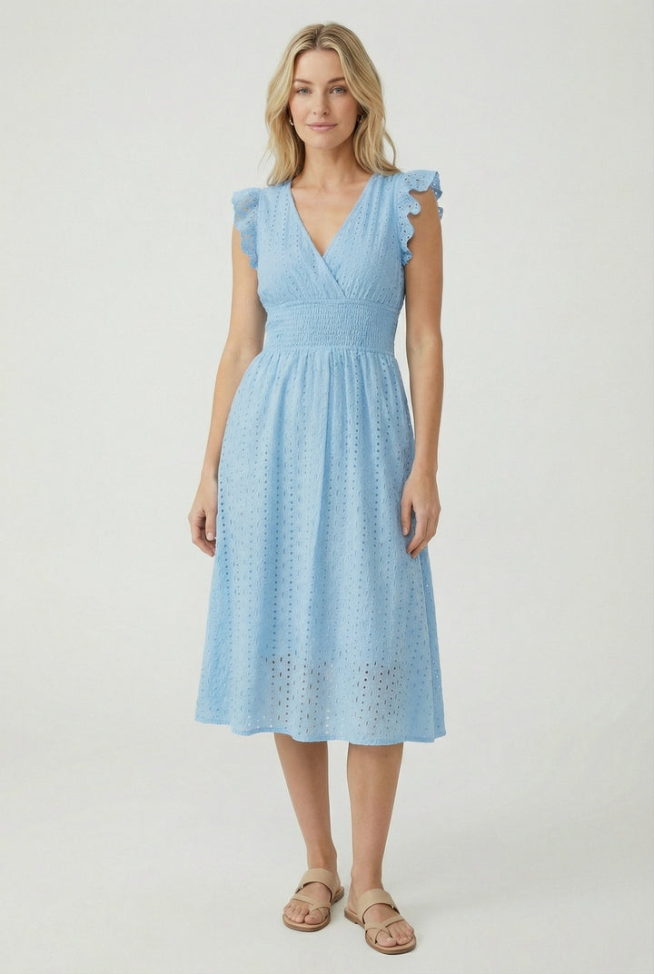 Women's Broderie Anglaise Smocked Waist Ruffle Cap Sleeve Midi Dress