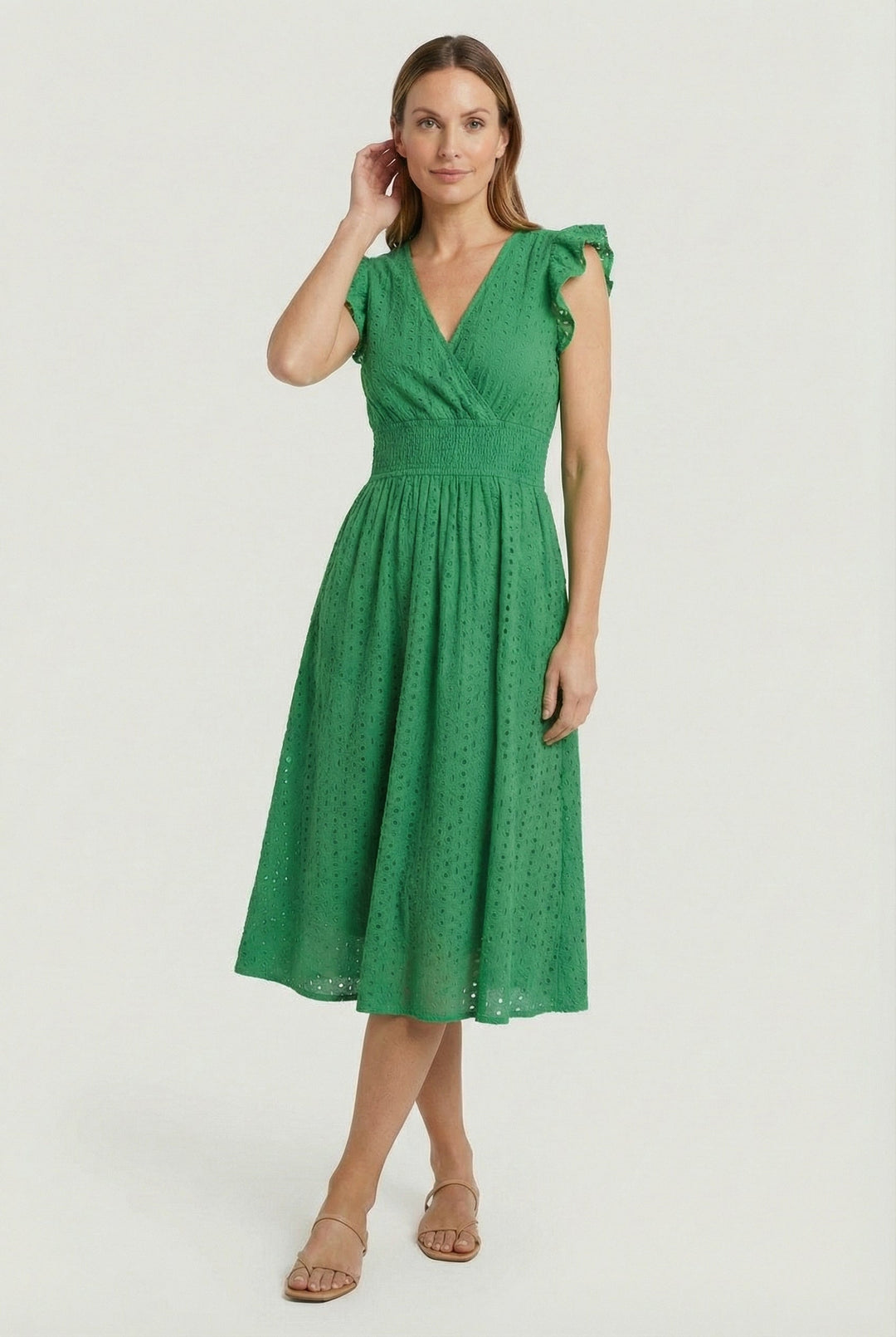 Women's Broderie Anglaise Smocked Waist Ruffle Cap Sleeve Midi Dress