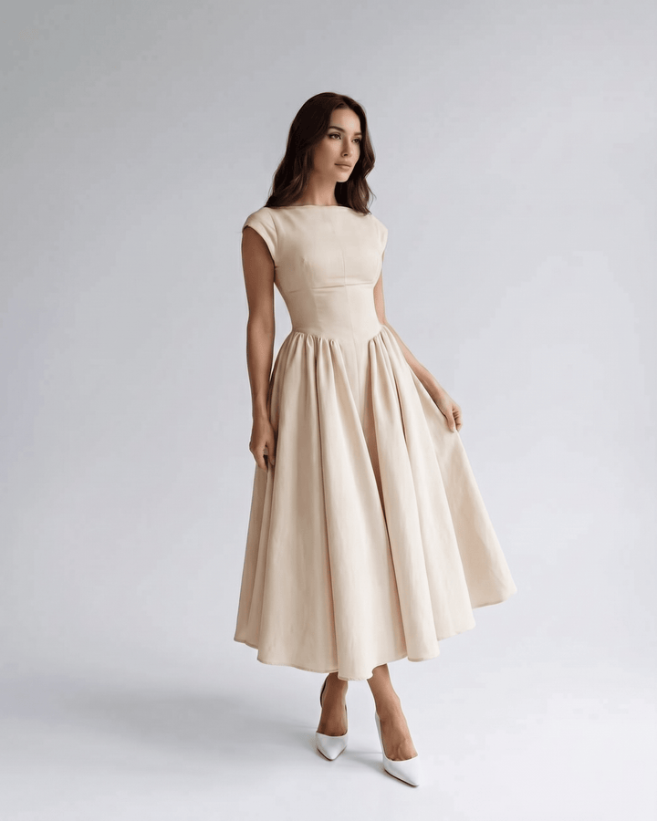Women's A-Line Midi Dress Cap Sleeve Fitted Bodice