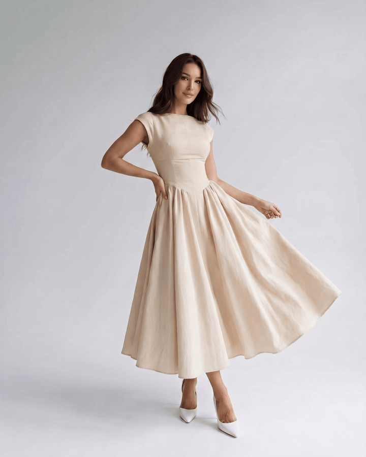 Women's A-Line Midi Dress Cap Sleeve Fitted Bodice