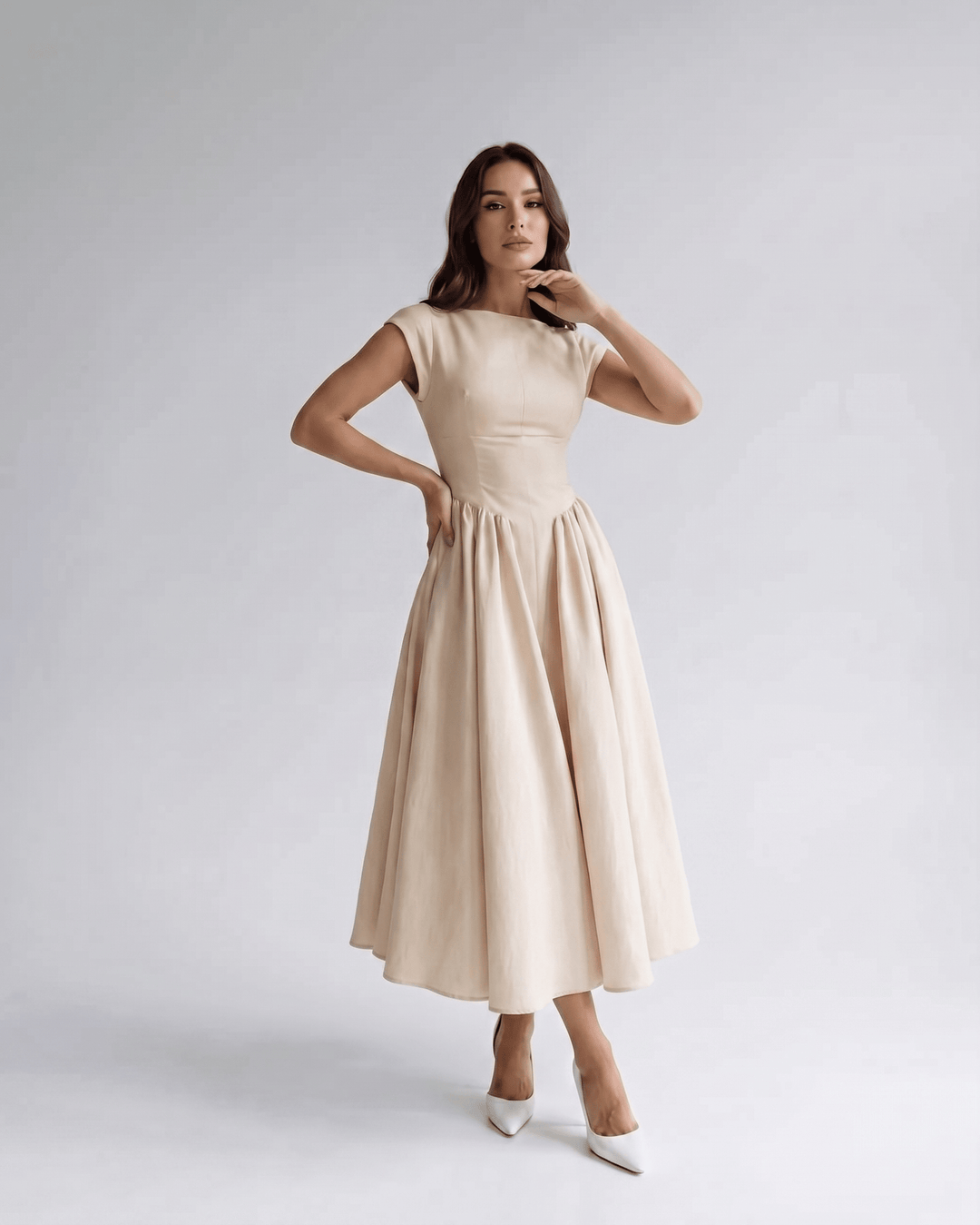 Women's A-Line Midi Dress Cap Sleeve Fitted Bodice