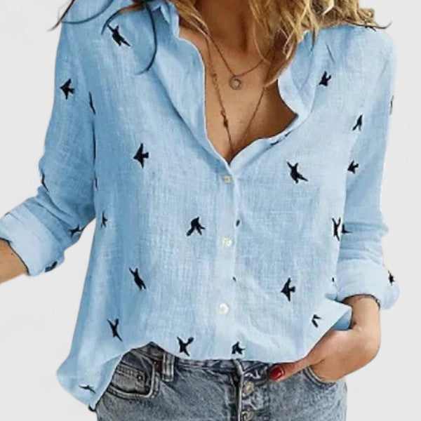 Women's Linen Button Down Shirt Wavy Lapel Collar Long Sleeve