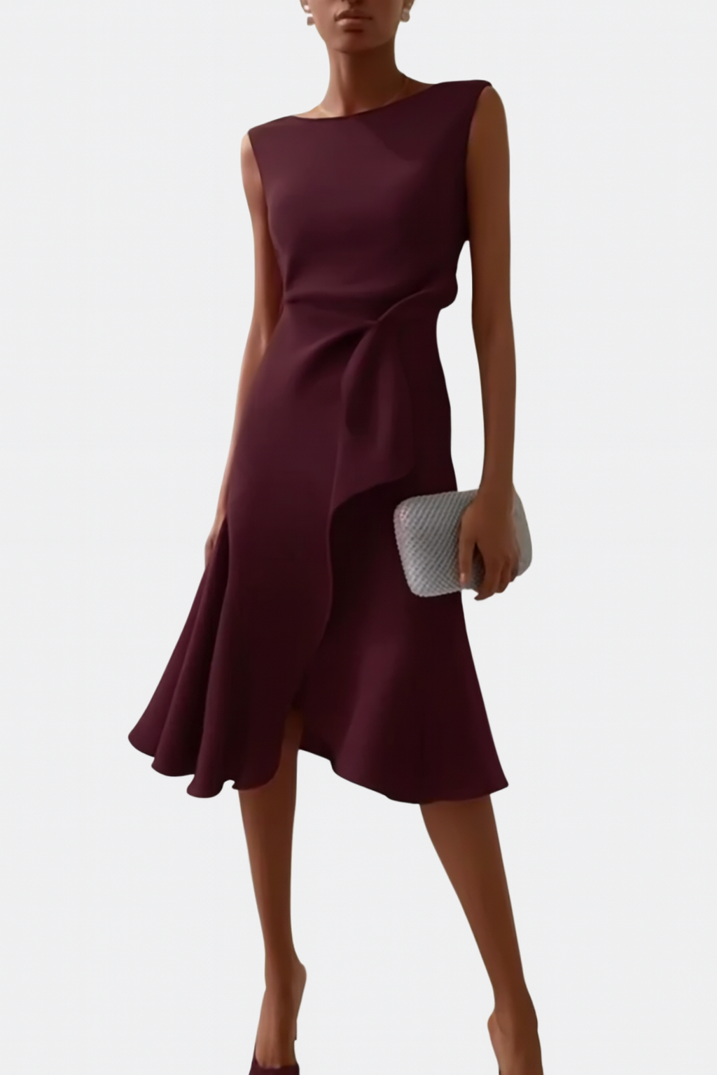 Women's Sleeveless Draped Waist Asymmetric Ruffle Hem Midi Dress