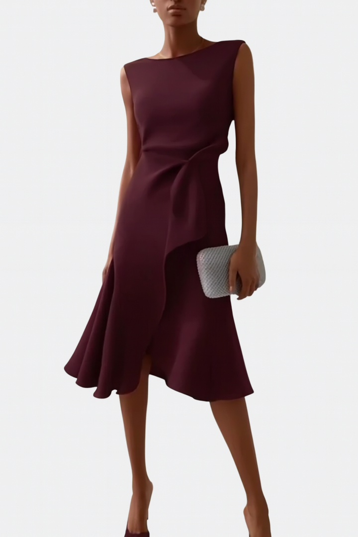 Women's Sleeveless Draped Waist Asymmetric Ruffle Hem Midi Dress
