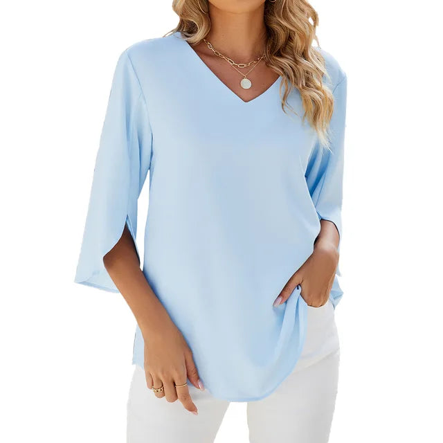 Women's V-Neck Chiffon Blouse Split Sleeve Relaxed Fit