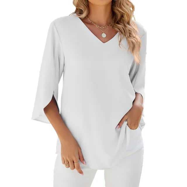 Women's V-Neck Chiffon Blouse Split Sleeve Relaxed Fit